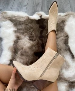 Miss Moda Luxe Beige Ankle Faux Suede Embroidered Cowboy Boot