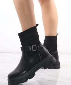 Miss Moda Luxe Black Chunky Faux Leather Buckle Sock Boot
