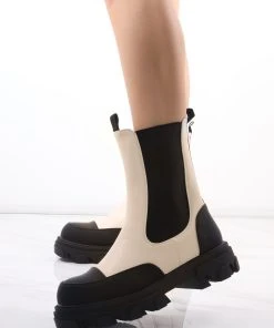 Miss Moda Luxe Cream/Black Calf Length Chunky Faux Leather Chelsea Boots