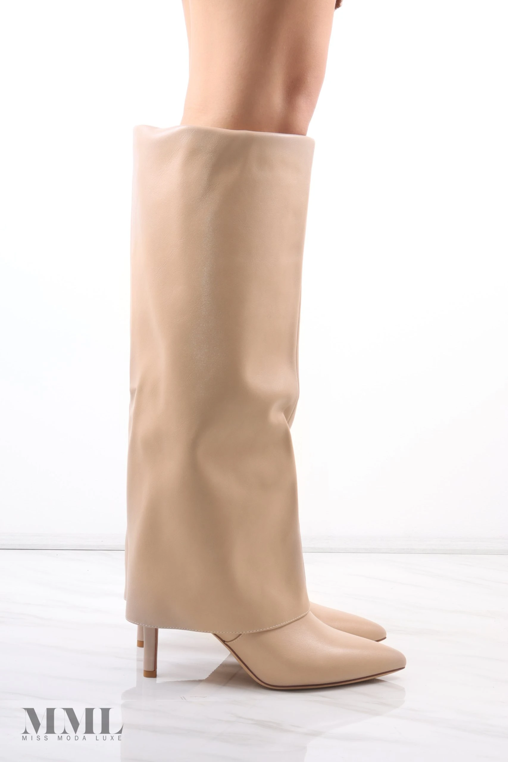 Miss Moda Luxe Beige Stiletto Leather Fold Over Shark Buckle Knee High Boot 3 Miss Moda Luxe Beige Stiletto Leather Fold Over Shark Buckle Knee High Boot - Image 3