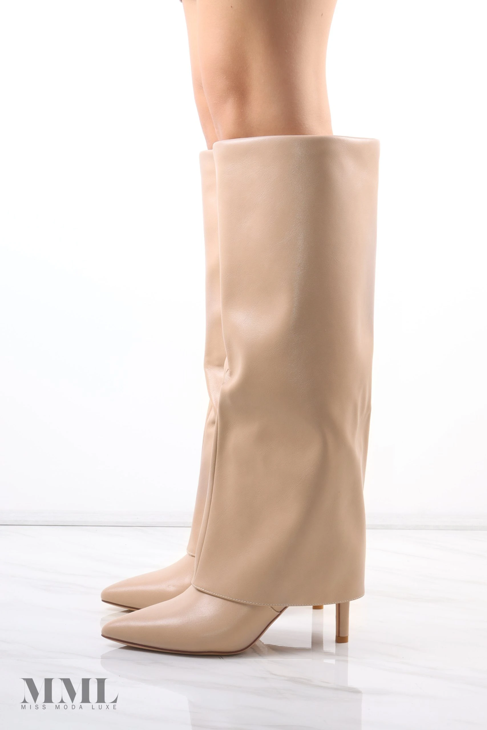 Miss Moda Luxe Beige Stiletto Leather Fold Over Shark Buckle Knee High Boot 5 Miss Moda Luxe Beige Stiletto Leather Fold Over Shark Buckle Knee High Boot - Image 5