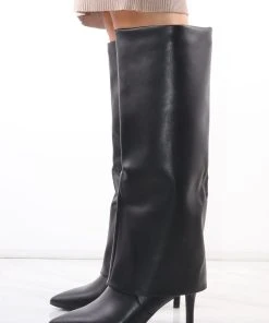 Miss Moda Luxe Black Stiletto Leather Fold Over Shark Buckle Knee High Boot -Miss Moda Luxe Shop redo 308 scaled