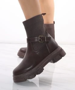 Miss Moda Luxe Brown Chunky Faux Leather Buckle Sock Boot