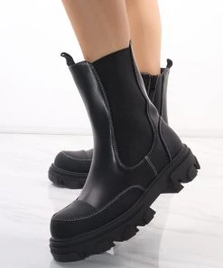 Miss Moda Luxe Black Calf Length Chunky Faux Leather Chelsea Boots