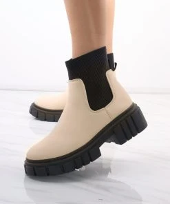 Miss Moda Luxe Cream/Black Platform Slip On Faux Leather Sock Boot