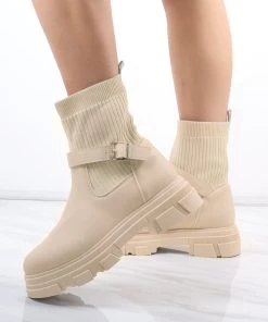 Miss Moda Luxe Cream Chunky Faux Leather Buckle Sock Boot