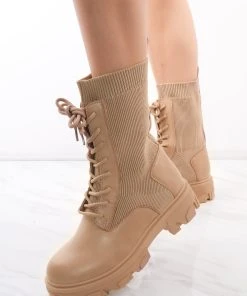 Miss Moda Luxe Beige Lace Up Faux Leather Sock Boots