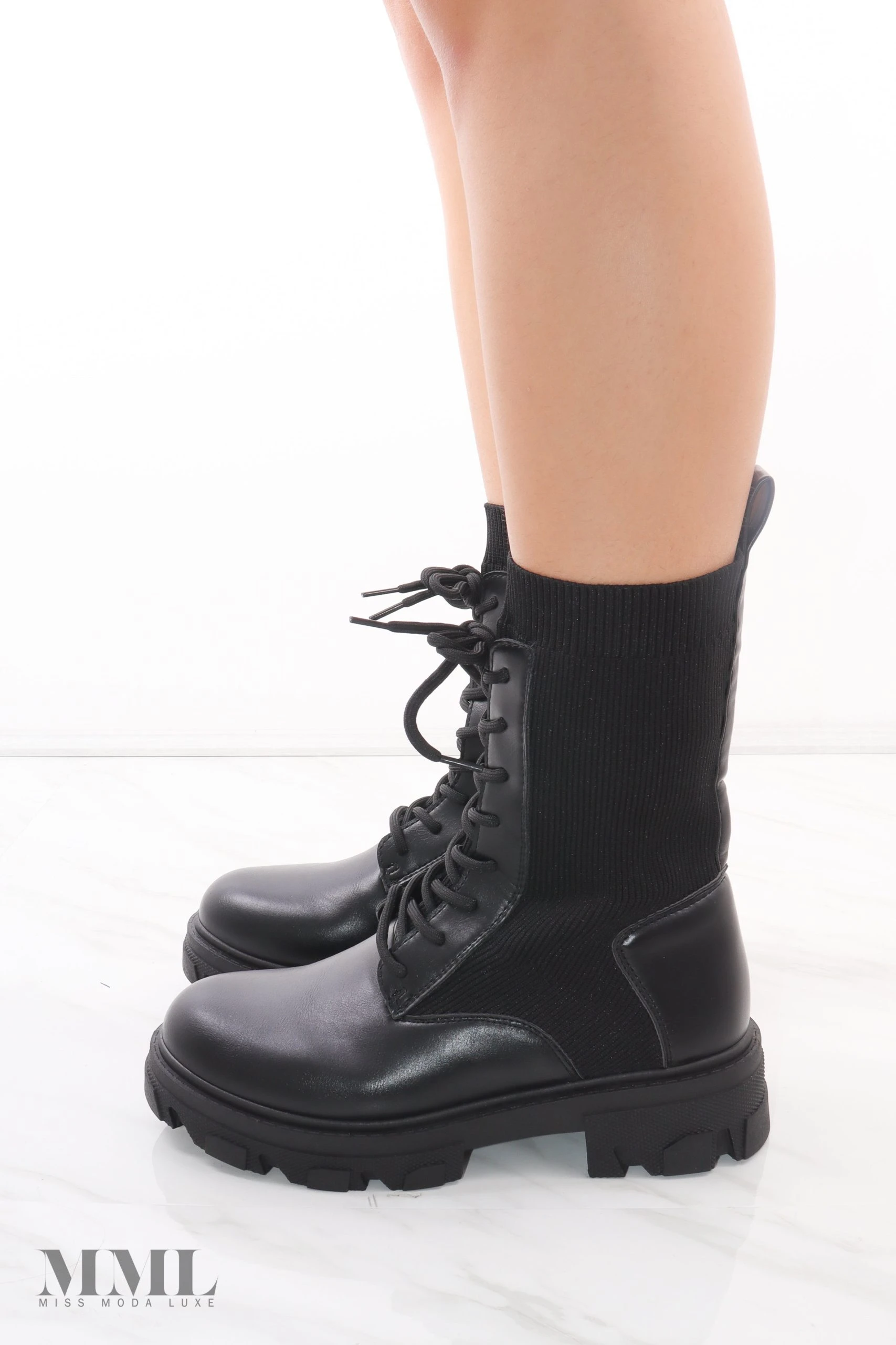 Miss Moda Luxe Black Lace Up Faux Leather Biker Boots 4 Miss Moda Luxe Black Lace Up Faux Leather Biker Boots - Image 4