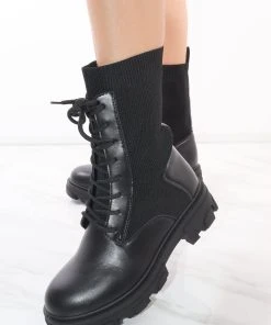 Miss Moda Luxe Black Lace Up Faux Leather Biker Boots