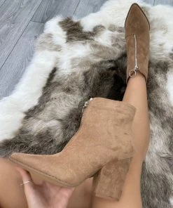 Miss Moda Luxe Camel Classic Faux Suede Zip Up Heeled Cowboy Boot