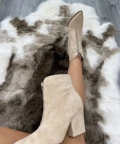 Miss Moda Luxe Beige Classic Zip Up Faux Suede Heeled Cowboy Boot