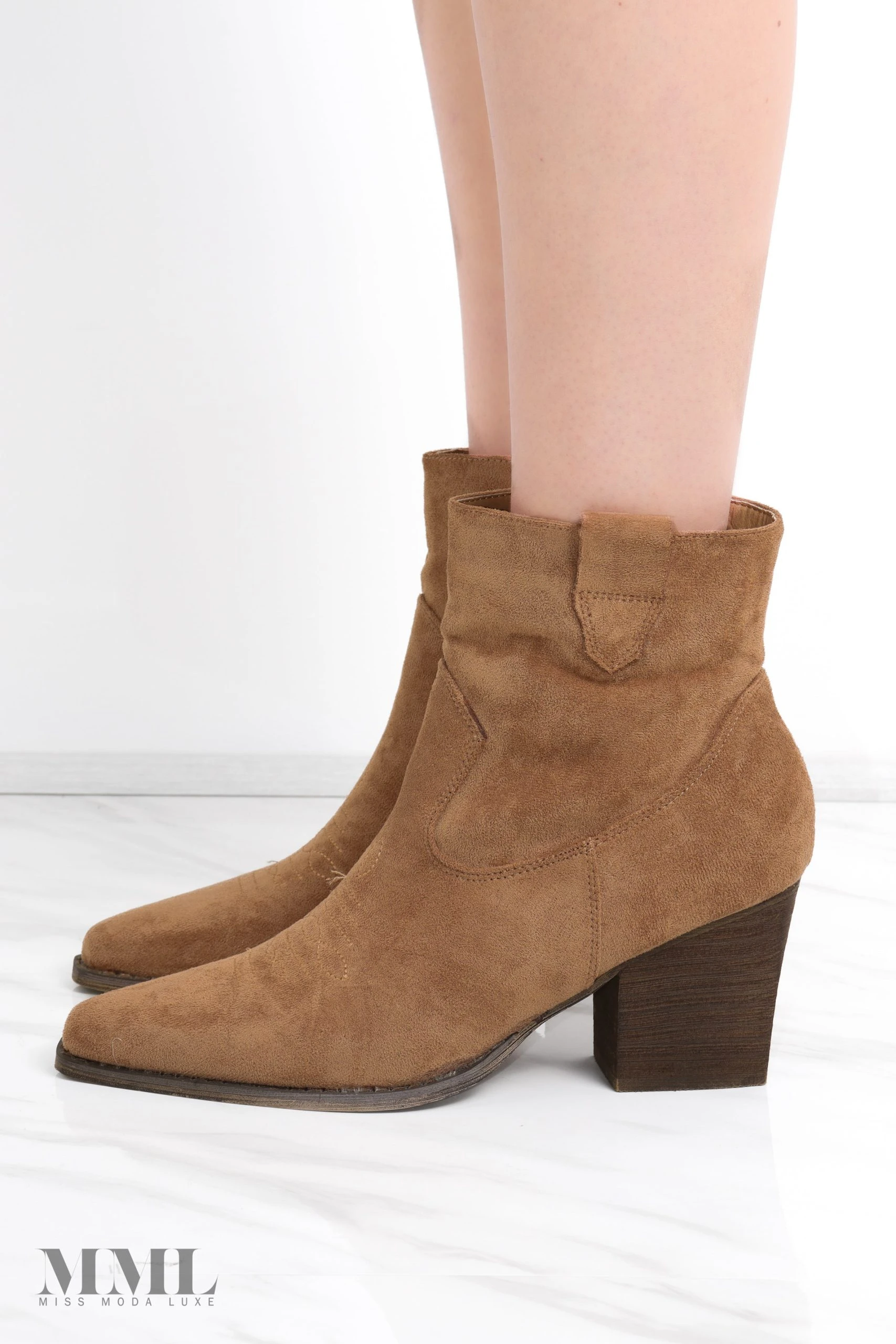 Miss Moda Luxe Camel Faux Suede Heeled Ankle Boots 3 Miss Moda Luxe Camel Faux Suede Heeled Ankle Boots - Image 3