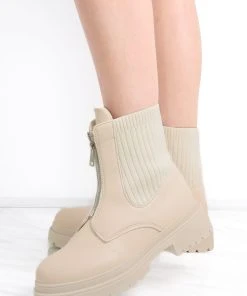 Miss Moda Luxe Beige Zip Front Chunky Ribbed Ankle Boot