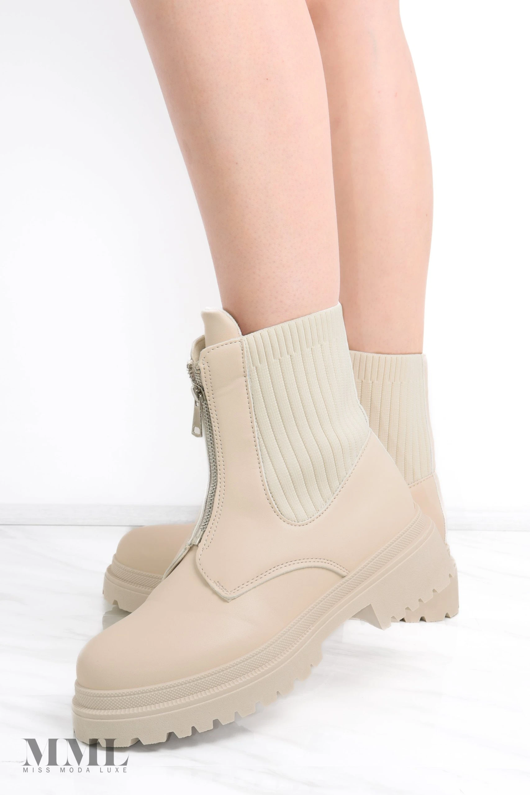 Miss Moda Luxe Beige Zip Front Chunky Ribbed Ankle Boot 1 Miss Moda Luxe Beige Zip Front Chunky Ribbed Ankle Boot