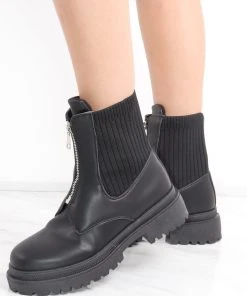 Miss Moda Luxe Black Zip Front Chunky Ribbed Ankle Boot