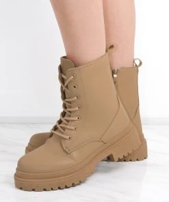 Miss Moda Luxe Camel Matte Faux Leather Zip Lace Up Boot