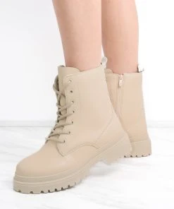 Miss Moda Luxe Beige Matte Faux Leather Side Zip Lace Up Boot