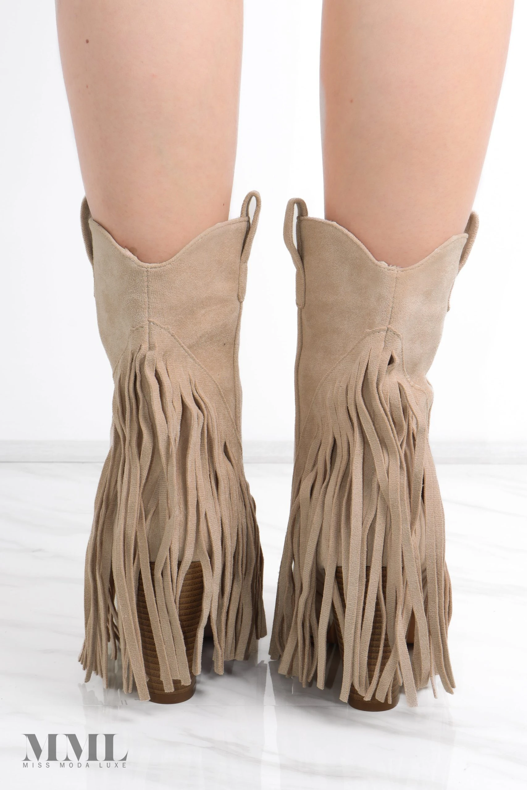 Miss Moda Luxe Beige Mid Western Faux Suede Fringe Cowboy Boot 4 Miss Moda Luxe Beige Mid Western Faux Suede Fringe Cowboy Boot - Image 4