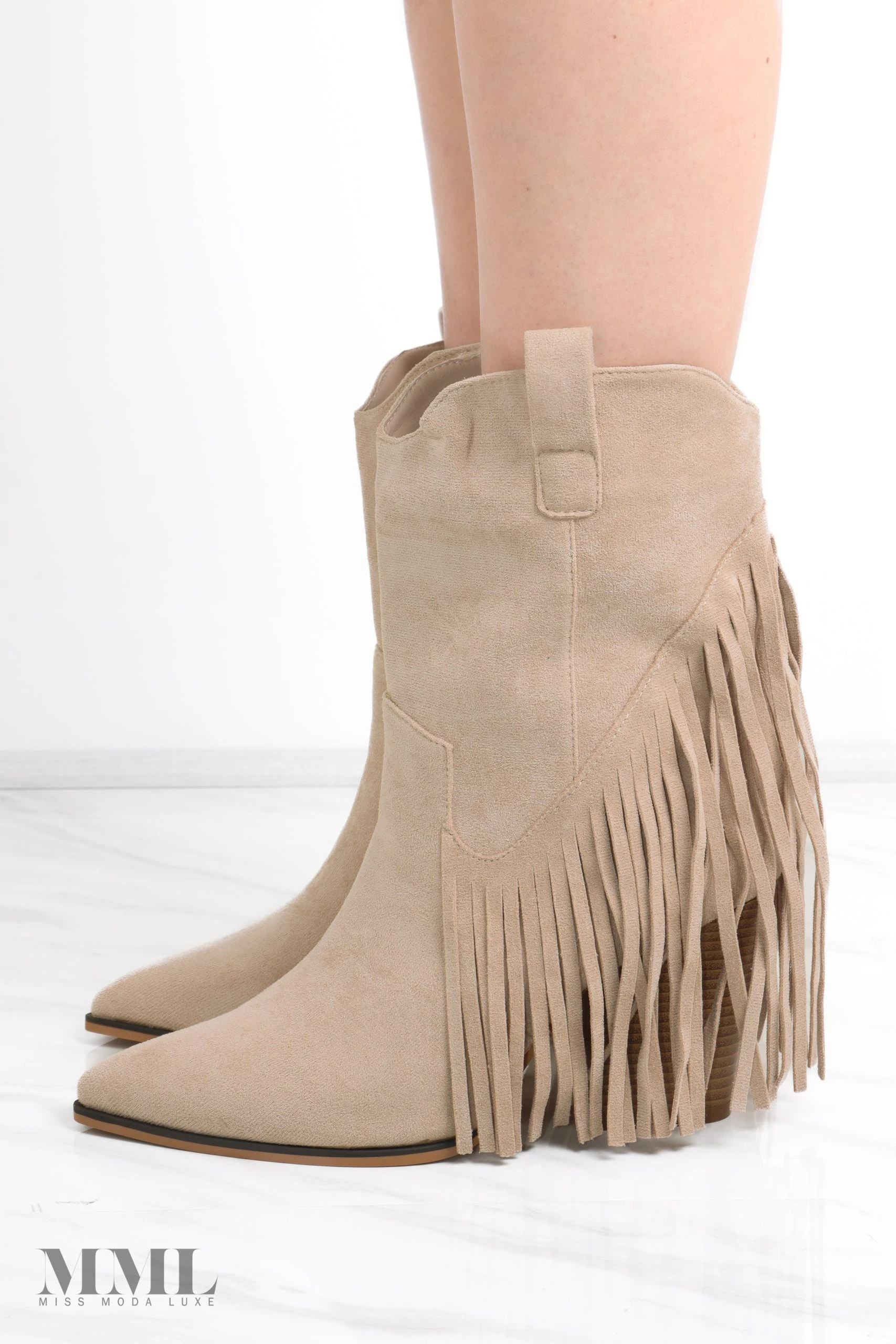 Miss Moda Luxe Beige Mid Western Faux Suede Fringe Cowboy Boot 2 Miss Moda Luxe Beige Mid Western Faux Suede Fringe Cowboy Boot - Image 2
