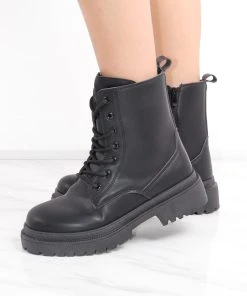 Miss Moda Luxe Black Matte Faux Leather Side Zip Lace Up Boot