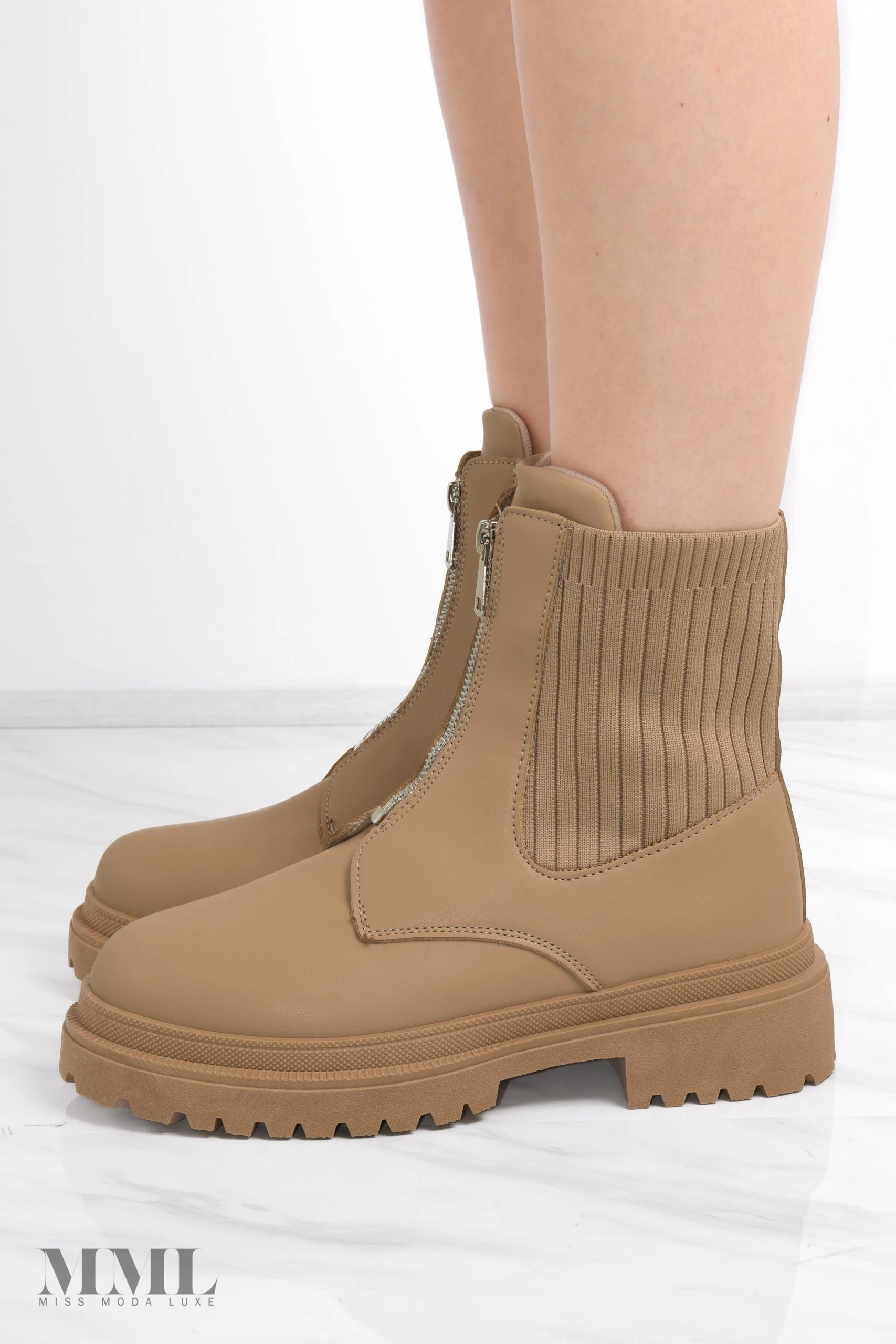 Miss Moda Luxe Camel Zip Front Chunky Ribbed Ankle Boot 3 Miss Moda Luxe Camel Zip Front Chunky Ribbed Ankle Boot - Image 3