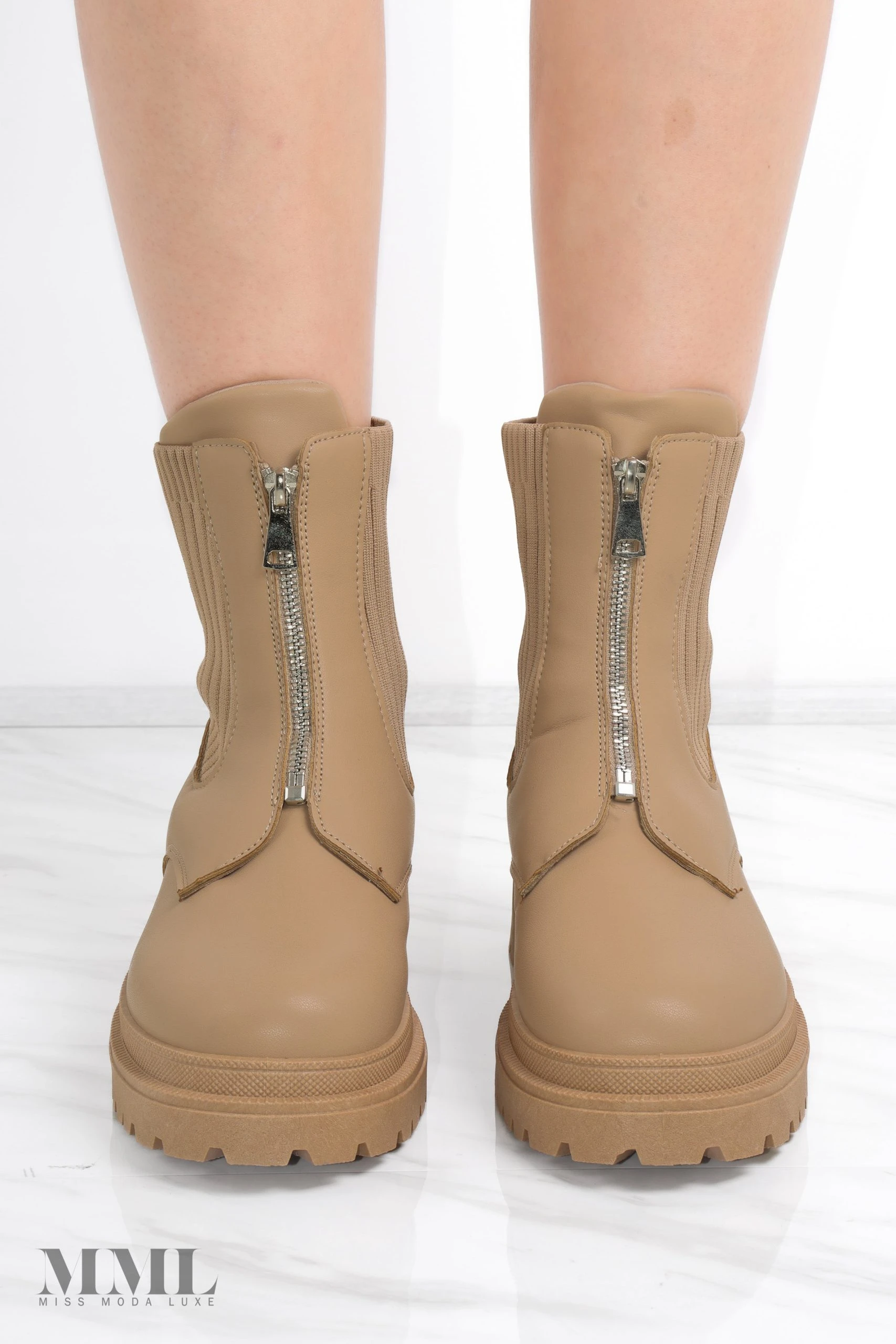 Miss Moda Luxe Camel Zip Front Chunky Ribbed Ankle Boot 2 Miss Moda Luxe Camel Zip Front Chunky Ribbed Ankle Boot - Image 2