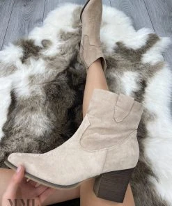 Miss Moda Luxe Beige Faux Suede Heeled Ankle Boots