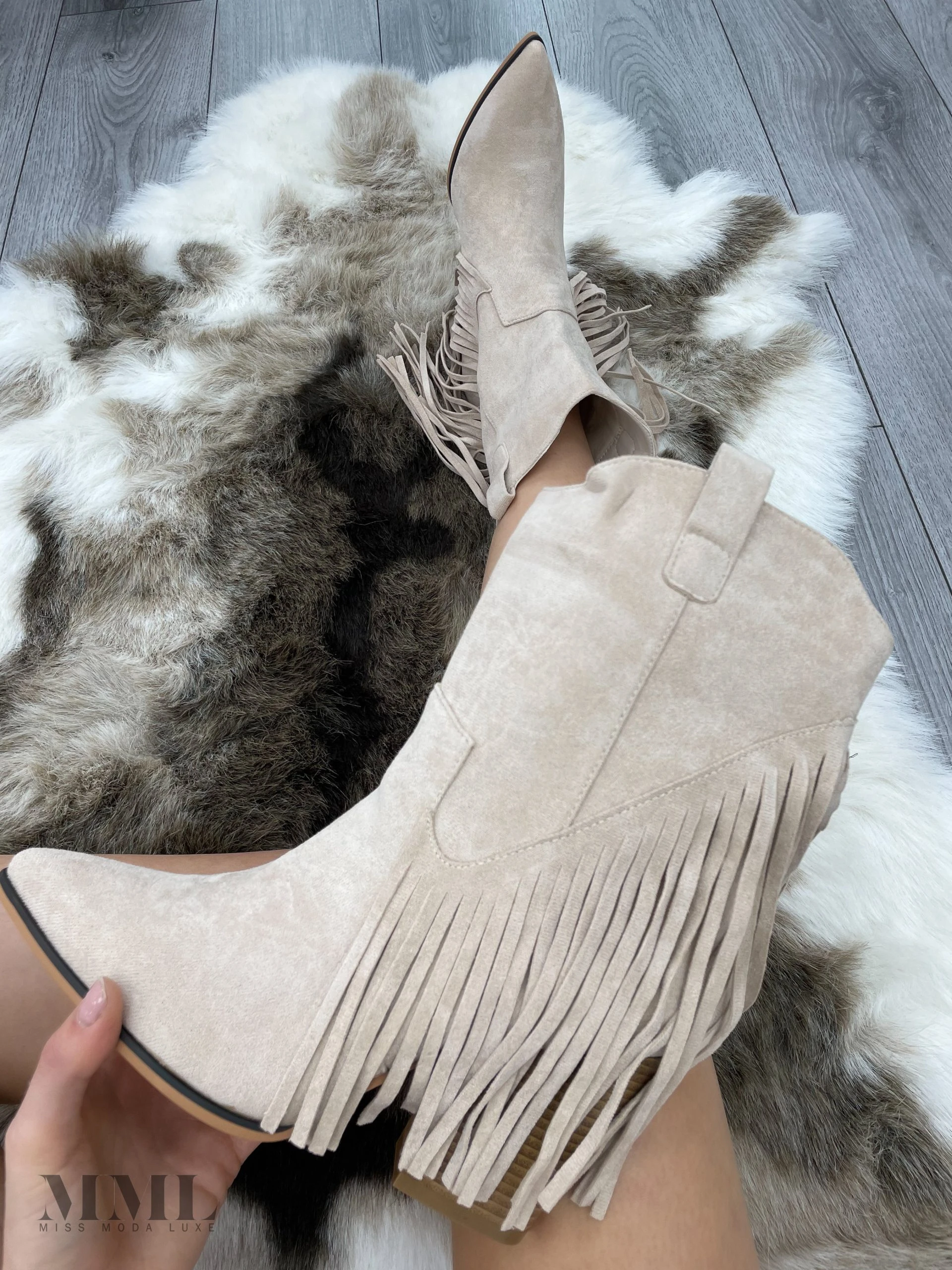 Miss Moda Luxe Beige Mid Western Faux Suede Fringe Cowboy Boot 1 Miss Moda Luxe Beige Mid Western Faux Suede Fringe Cowboy Boot