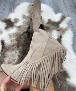 Miss Moda Luxe Taupe Mid Western Faux Suede Fringe Cowboy Boot