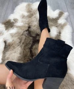 Miss Moda Luxe Black Faux Suede Heeled Ankle Boots