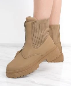 Miss Moda Luxe Camel Zip Front Chunky Ribbed Ankle Boot