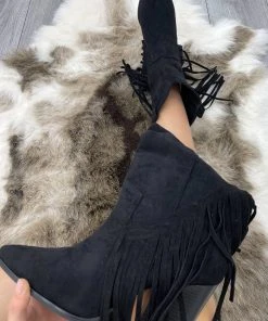 Miss Moda Luxe Black Mid Western Faux Suede Fringe Cowboy Boot