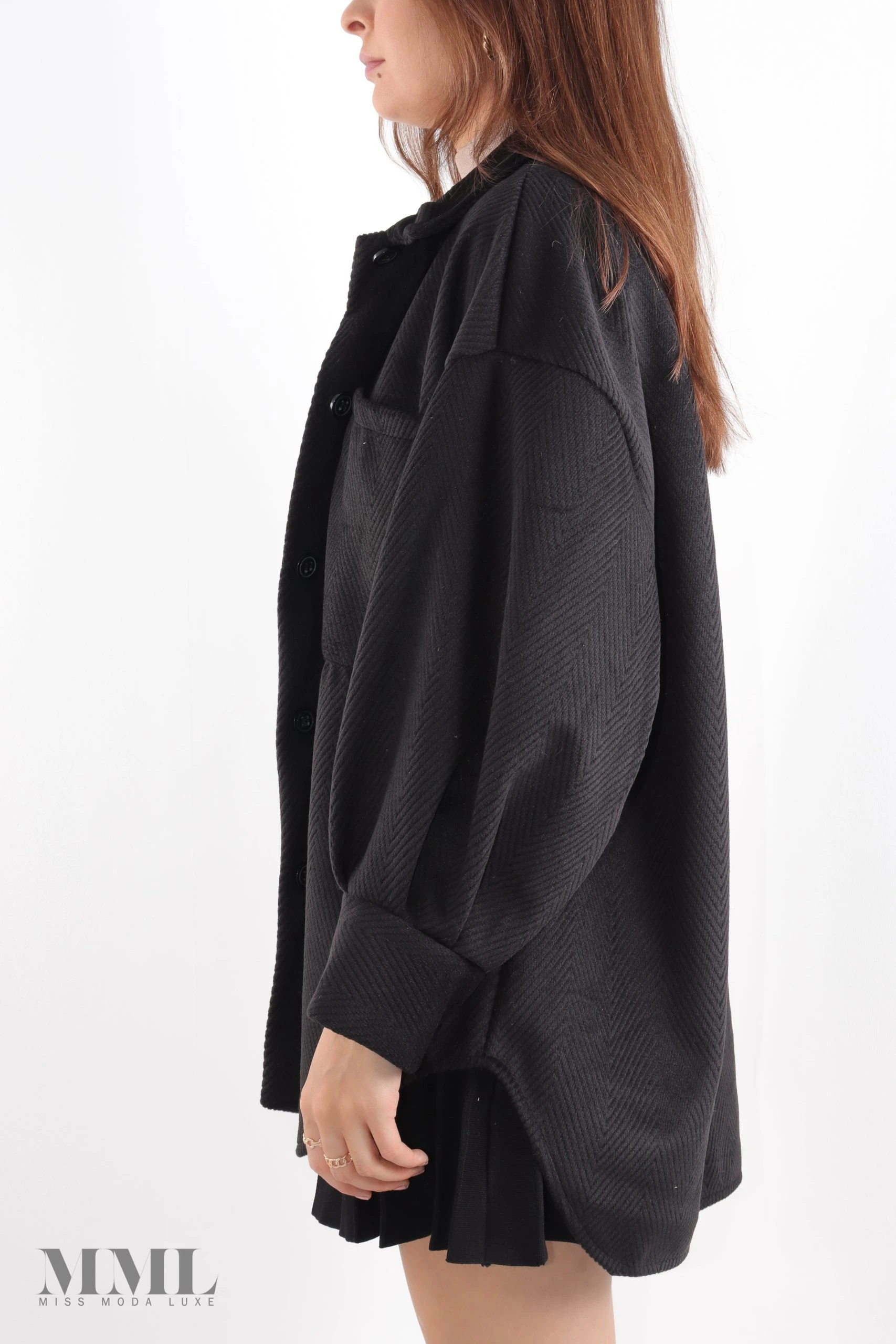 Miss Moda Luxe Black Geometric Cord Button Down Shacket Pocket Detail 3 Miss Moda Luxe Black Geometric Cord Button Down Shacket Pocket Detail - Image 3