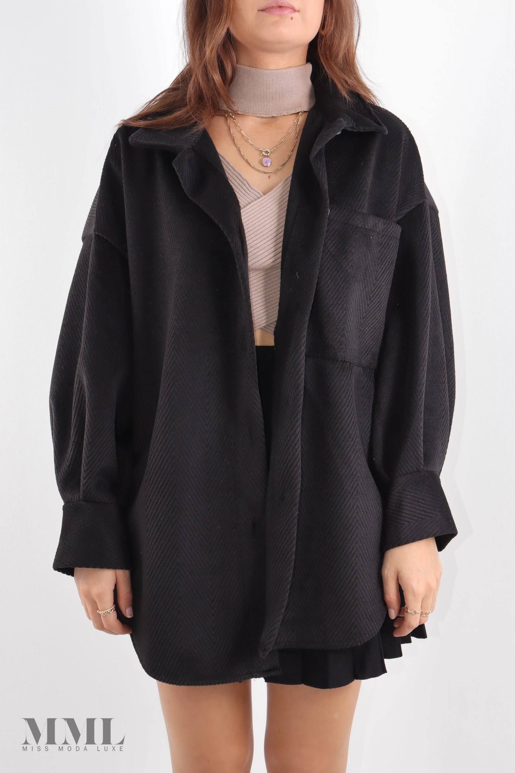 Miss Moda Luxe Black Geometric Cord Button Down Shacket Pocket Detail 2 Miss Moda Luxe Black Geometric Cord Button Down Shacket Pocket Detail - Image 2