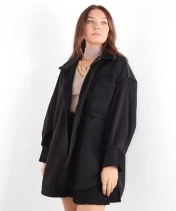 Miss Moda Luxe Black Geometric Cord Button Down Shacket Pocket Detail