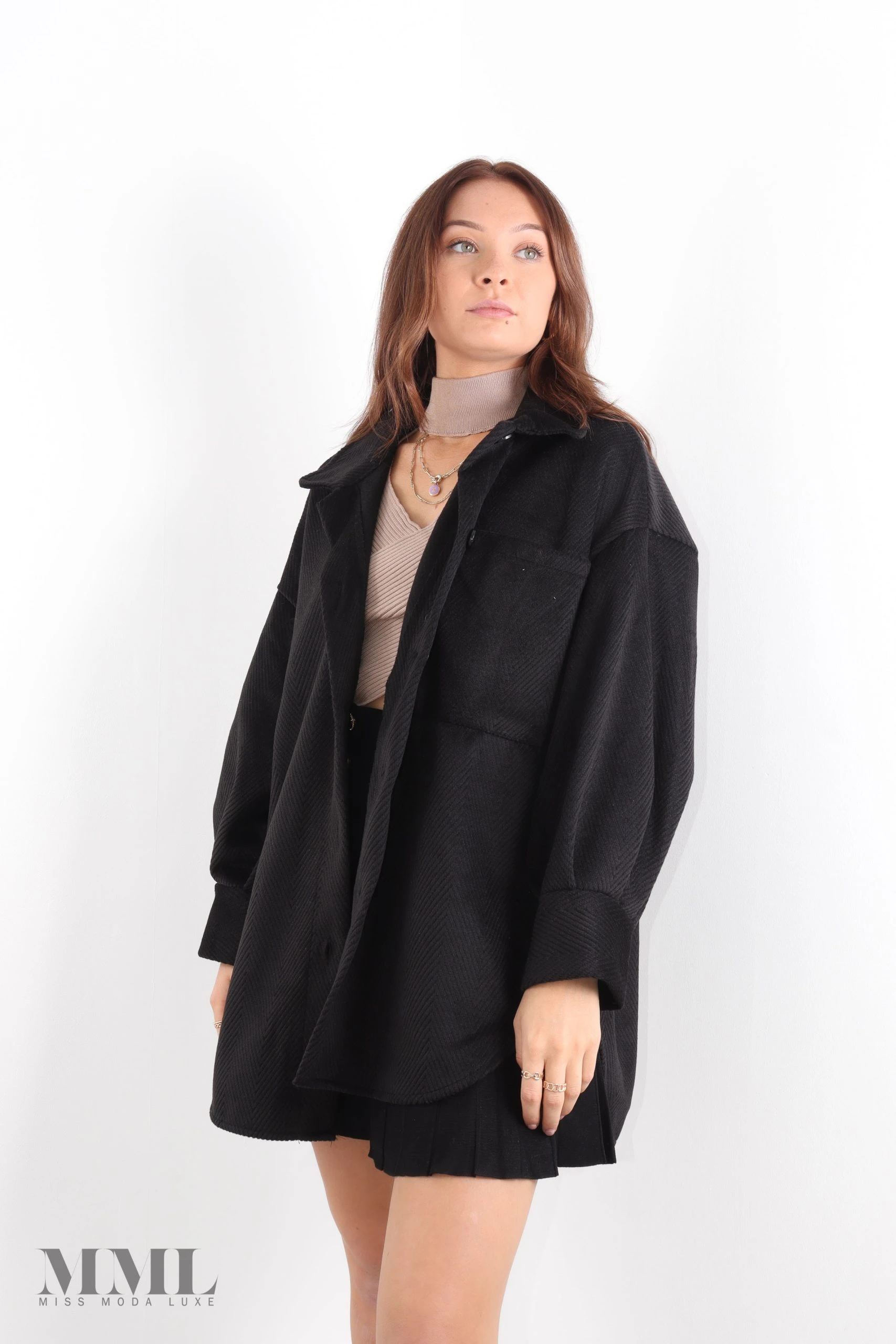 Miss Moda Luxe Black Geometric Cord Button Down Shacket Pocket Detail 1 Miss Moda Luxe Black Geometric Cord Button Down Shacket Pocket Detail