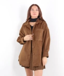 Miss Moda Luxe Brown Geometric Cord Button Down Shacket Pocket Detail