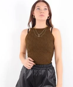 Miss Moda Luxe Brown Knitted High Round Neck Racer Bodysuit
