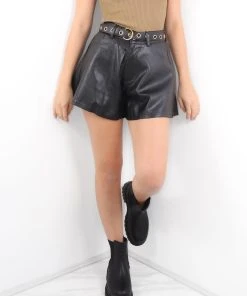 Miss Moda Luxe Black Leather Flared Shorts With Detachable Eyelet Belt