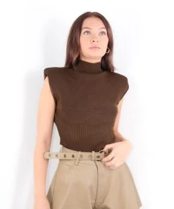 Miss Moda Luxe Brown High Neck Top With Shoulder Pads