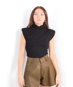 Miss Moda Luxe Black High Neck Top With Shoulder Pads