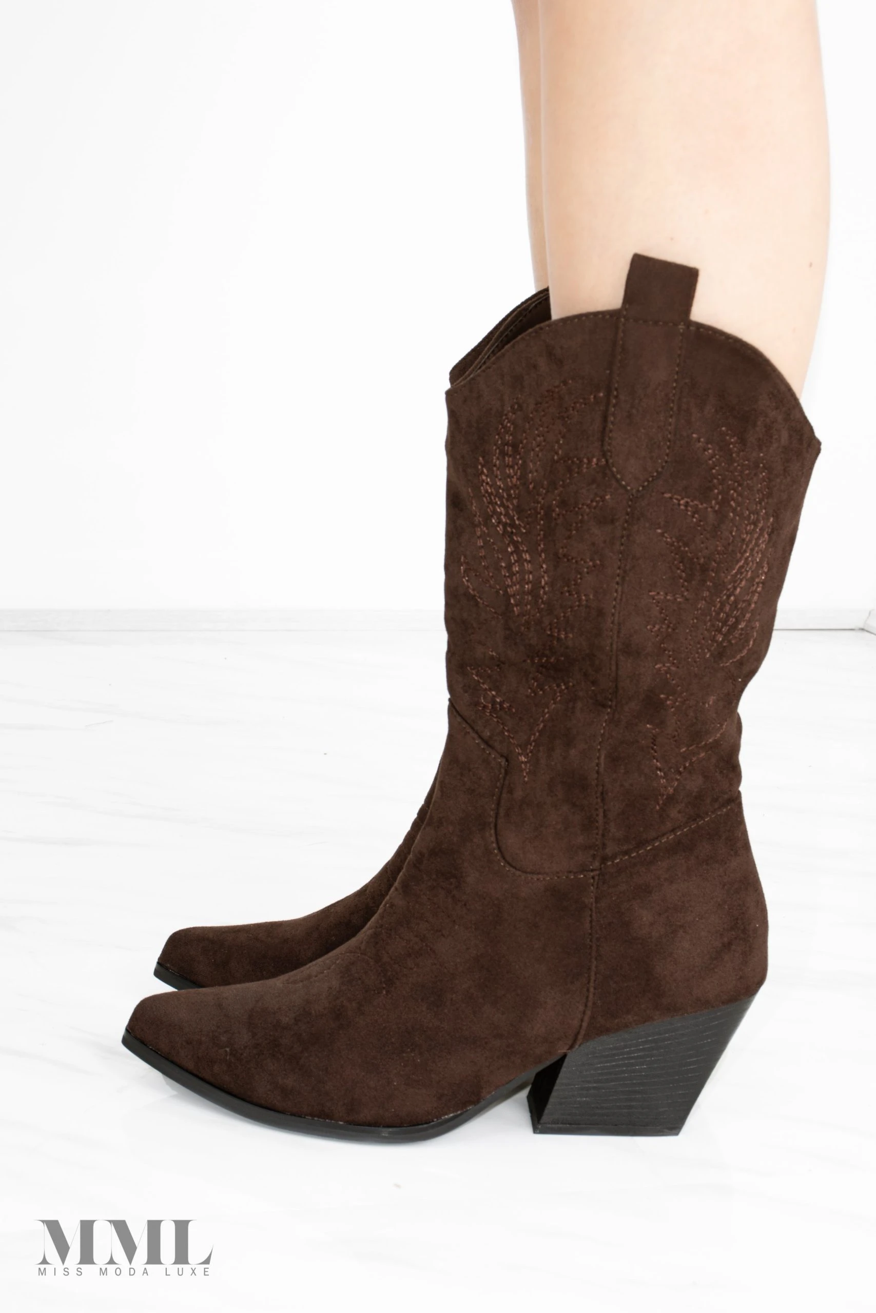 Miss Moda Luxe Brown Mid Embroidered Almond Toe Cowboy Boot 3 Miss Moda Luxe Brown Mid Embroidered Almond Toe Cowboy Boot - Image 3