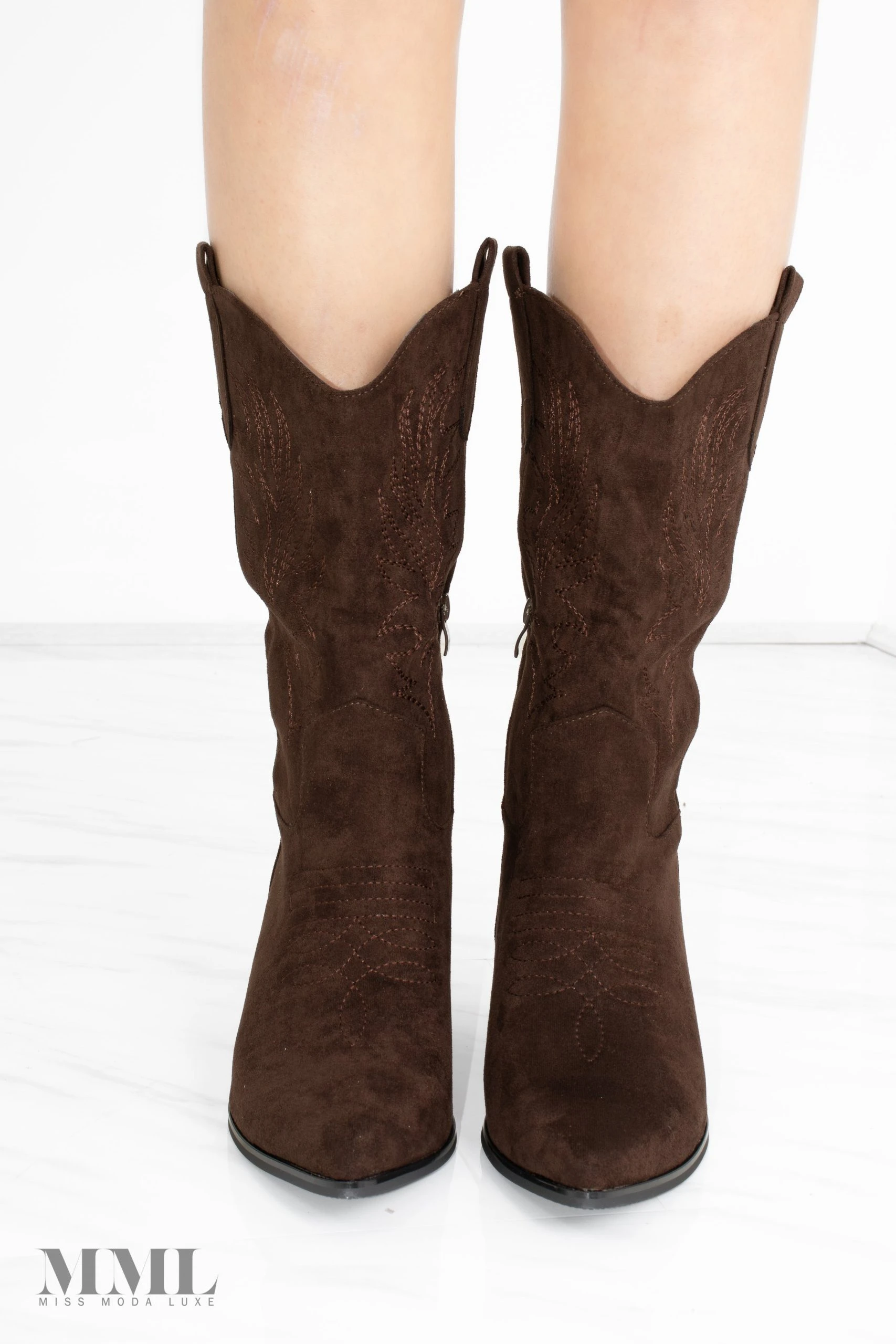 Miss Moda Luxe Brown Mid Embroidered Almond Toe Cowboy Boot 2 Miss Moda Luxe Brown Mid Embroidered Almond Toe Cowboy Boot - Image 2
