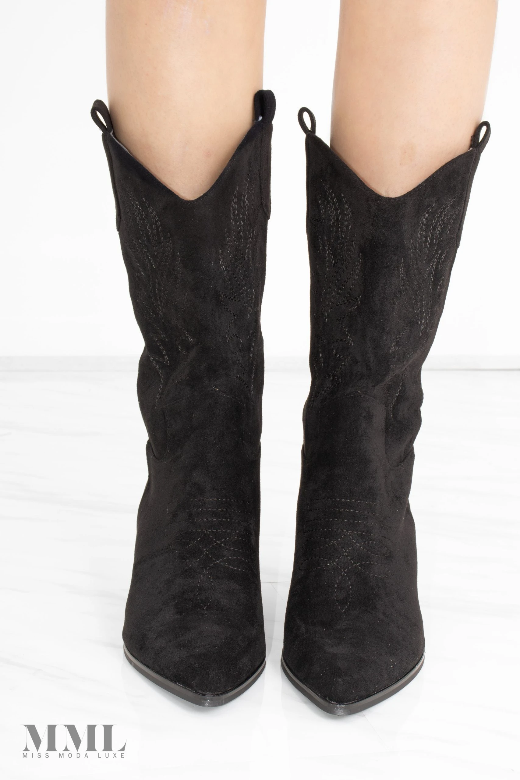 Miss Moda Luxe Black Mid Embroidered Almond Toe Cowboy Boot 2 Miss Moda Luxe Black Mid Embroidered Almond Toe Cowboy Boot - Image 2