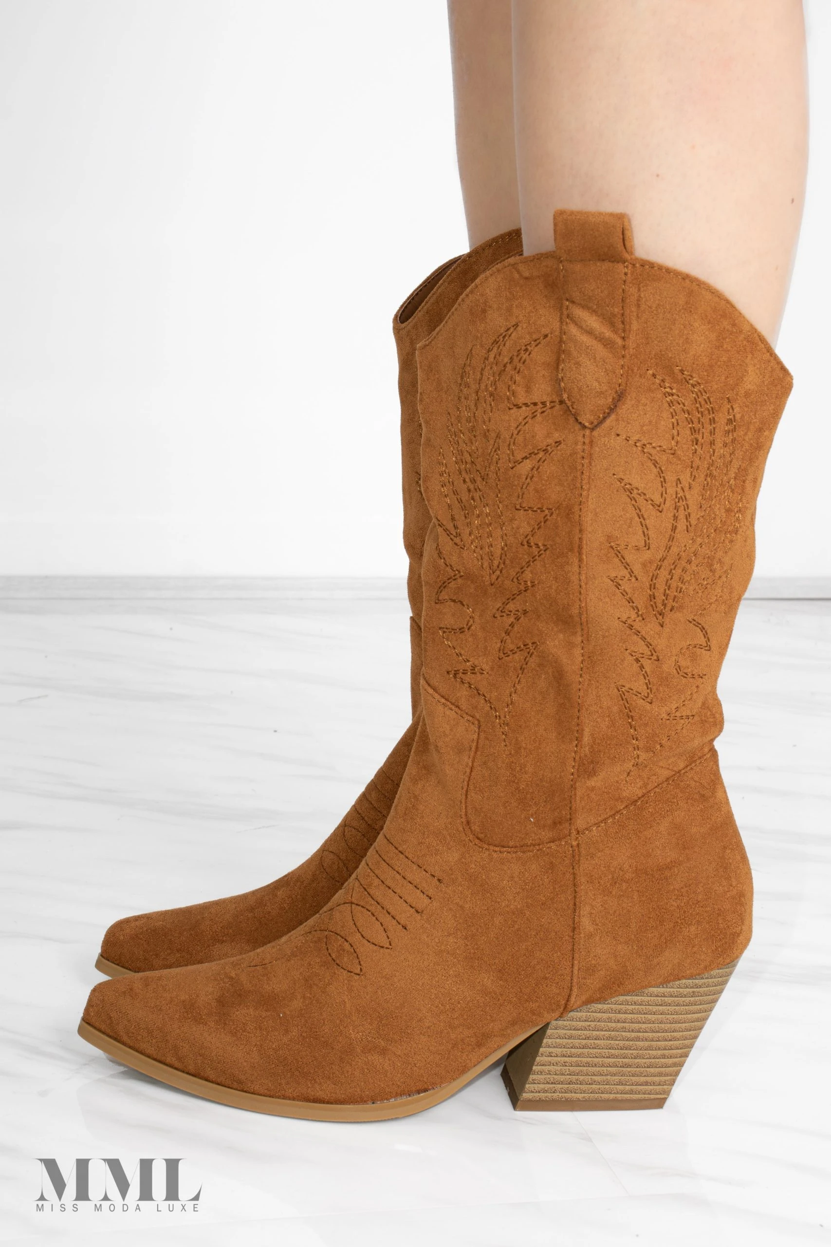 Miss Moda Luxe Camel Mid Embroidered Almond Toe Cowboy Boot 3 Miss Moda Luxe Camel Mid Embroidered Almond Toe Cowboy Boot - Image 3