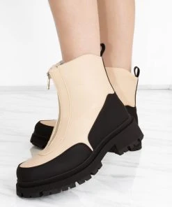 Miss Moda Luxe Cream/Black Contrast Zip Chunky Platform Ankle Boot