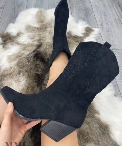 Miss Moda Luxe Black Mid Embroidered Almond Toe Cowboy Boot