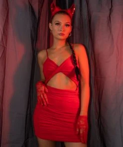 Miss Moda Luxe Red Plunge Cut Out Bodycon Mini Dress