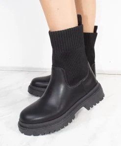 Miss Moda Luxe Black Chunky Faux Leather Sock Boot