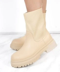 Miss Moda Luxe Beige Chunky Faux Leather Sock Boot